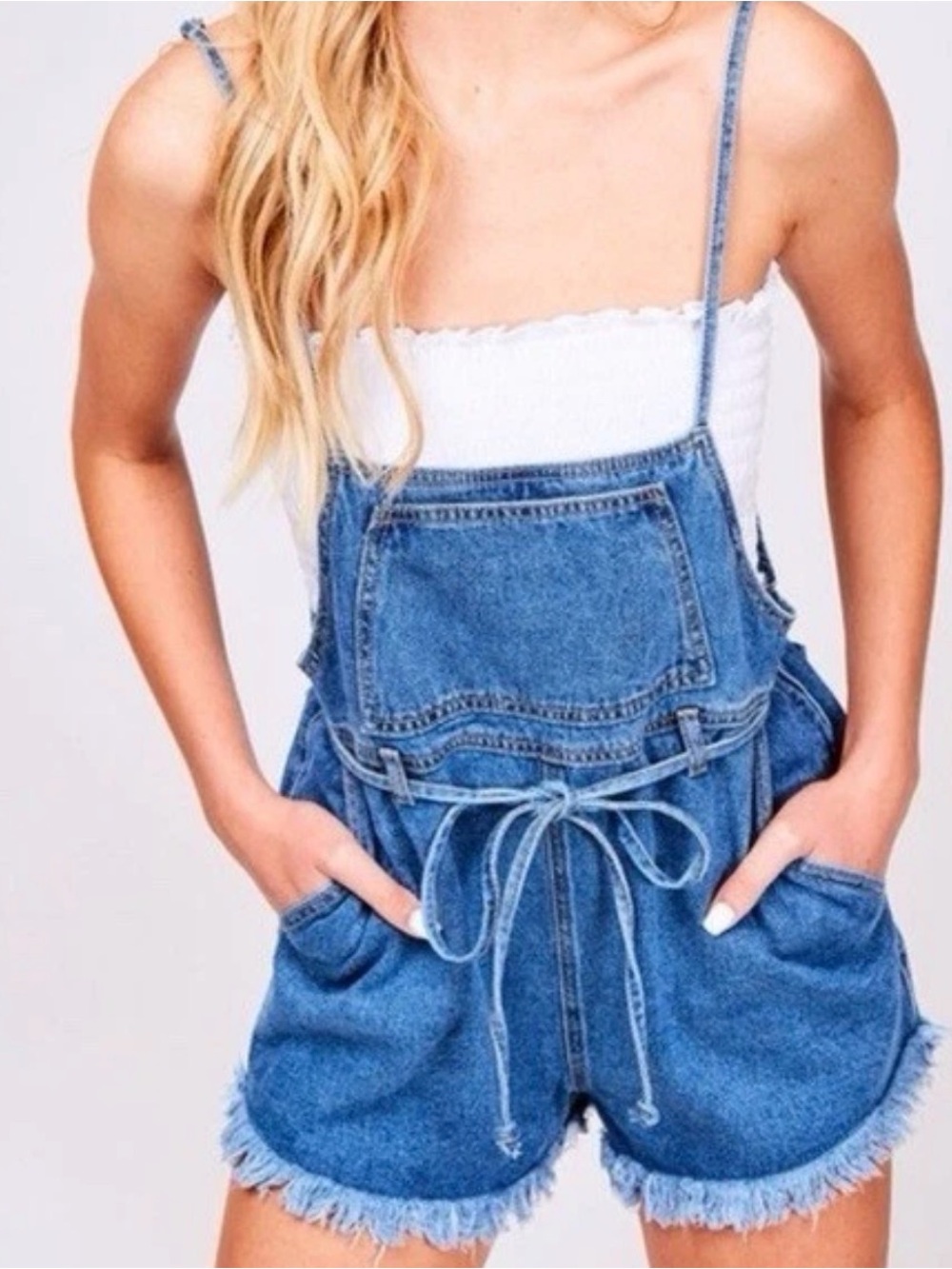 Forever 21 Blue Washed Denim Short Overalls with Tie Waist
